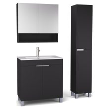 HD Paris Matt Black 80 komplett fürdőszoba bútor szett álló mosdószekrénnyel, szálcsiszolt króm elemekkel, tükrös szekrénnyel és magasszekrénnyel
