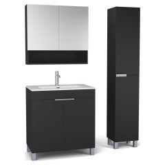   HD Paris Matt Black 80 komplett fürdőszoba bútor szett álló mosdószekrénnyel, szálcsiszolt króm elemekkel, tükrös szekrénnyel és magasszekrénnyel