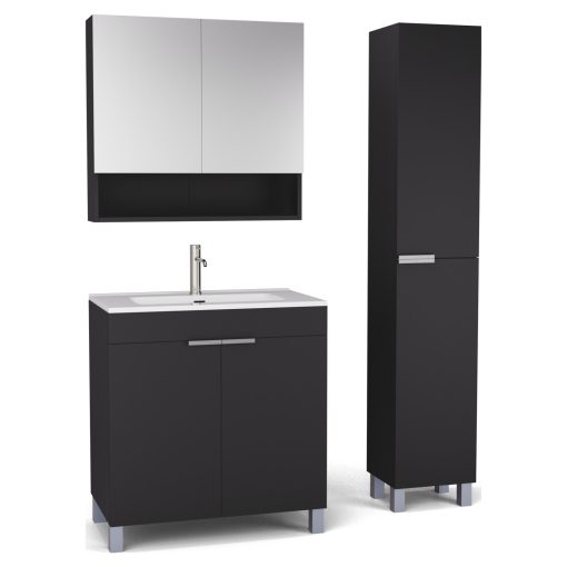 HD Paris Matt Black 80 komplett fürdőszoba bútor szett álló mosdószekrénnyel, szálcsiszolt króm elemekkel, tükrös szekrénnyel és magasszekrénnyel