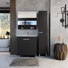 HD Paris Matt Black 80 komplett fürdőszoba bútor szett álló mosdószekrénnyel, szálcsiszolt króm elemekkel, tükrös szekrénnyel és magasszekrénnyel