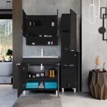 HD Paris Matt Black 80 komplett fürdőszoba bútor álló mosdószekrénnyel, matt fehér elemekkel és tükrös szekrénnyel