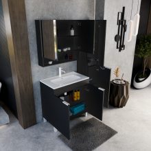 HD Paris Matt Black 80 komplett fürdőszoba bútor álló mosdószekrénnyel, matt fehér elemekkel és tükrös szekrénnyel