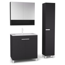 HD Paris Matt Black 80 komplett fürdőszoba bútor szett álló mosdószekrénnyel, matt fehér elemekkel, tükrös szekrénnyel és magasszekrénnyel