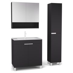   HD Paris Matt Black 80 komplett fürdőszoba bútor szett álló mosdószekrénnyel, matt fehér elemekkel, tükrös szekrénnyel és magasszekrénnyel