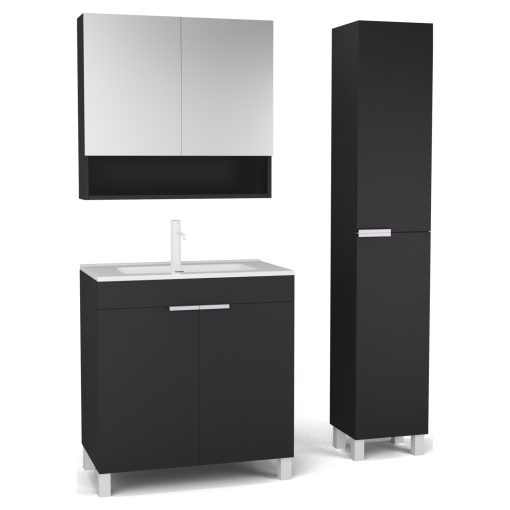 HD Paris Matt Black 80 komplett fürdőszoba bútor szett álló mosdószekrénnyel, matt fehér elemekkel, tükrös szekrénnyel és magasszekrénnyel