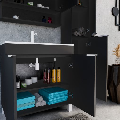 HD Paris Matt Black 80 komplett fürdőszoba bútor szett álló mosdószekrénnyel, matt fehér elemekkel, tükrös szekrénnyel és magasszekrénnyel