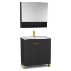   HD Paris Matt Black 80 komplett fürdőszoba bútor álló mosdószekrénnyel, szálcsiszolt arany elemekkel és tükrös szekrénnyel