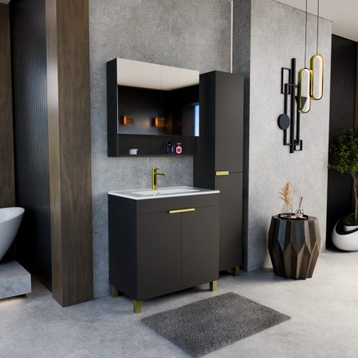 HD Paris Matt Black 80 komplett fürdőszoba bútor álló mosdószekrénnyel, szálcsiszolt arany elemekkel és tükrös szekrénnyel