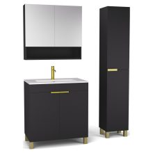 HD Paris Matt Black 80 komplett fürdőszoba bútor szett álló mosdószekrénnyel, szálcsiszolt arany elemekkel, tükrös szekrénnyel és magasszekrénnyel