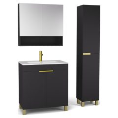   HD Paris Matt Black 80 komplett fürdőszoba bútor szett álló mosdószekrénnyel, szálcsiszolt arany elemekkel, tükrös szekrénnyel és magasszekrénnyel