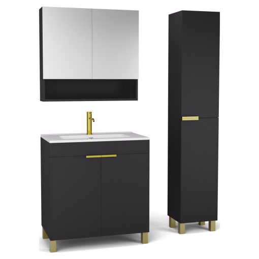 HD Paris Matt Black 80 komplett fürdőszoba bútor szett álló mosdószekrénnyel, szálcsiszolt arany elemekkel, tükrös szekrénnyel és magasszekrénnyel