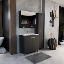 HD Paris Matt Black 80 komplett fürdőszoba bútor szett álló mosdószekrénnyel, szálcsiszolt arany elemekkel, tükrös szekrénnyel és magasszekrénnyel