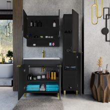 HD Paris Matt Black 80 komplett fürdőszoba bútor szett álló mosdószekrénnyel, szálcsiszolt arany elemekkel, tükrös szekrénnyel és magasszekrénnyel