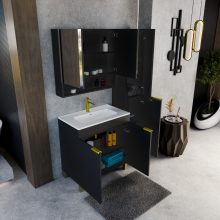 HD Paris Matt Black 80 komplett fürdőszoba bútor szett álló mosdószekrénnyel, szálcsiszolt arany elemekkel, tükrös szekrénnyel és magasszekrénnyel