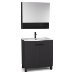   HD Paris Matt Black 80 komplett fürdőszoba bútor álló mosdószekrénnyel, matt fekete elemekkel és tükrös szekrénnyel