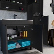 HD Paris Matt Black 80 komplett fürdőszoba bútor álló mosdószekrénnyel, matt fekete elemekkel és tükrös szekrénnyel