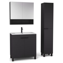   HD Paris Matt Black 80 komplett fürdőszoba bútor szett álló mosdószekrénnyel, matt fekete elemekkel, tükrös szekrénnyel és magasszekrénnyel