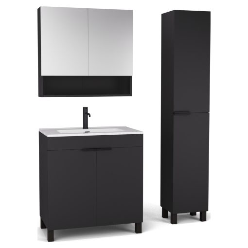 HD Paris Matt Black 80 komplett fürdőszoba bútor szett álló mosdószekrénnyel, matt fekete elemekkel, tükrös szekrénnyel és magasszekrénnyel
