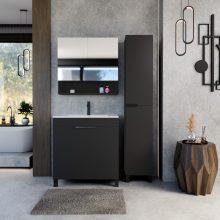 HD Paris Matt Black 80 komplett fürdőszoba bútor szett álló mosdószekrénnyel, matt fekete elemekkel, tükrös szekrénnyel és magasszekrénnyel