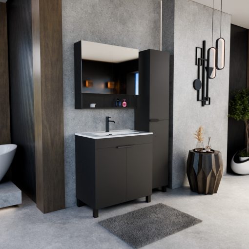 HD Paris Matt Black 80 komplett fürdőszoba bútor szett álló mosdószekrénnyel, matt fekete elemekkel, tükrös szekrénnyel és magasszekrénnyel