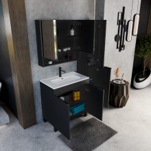 HD Paris Matt Black 80 komplett fürdőszoba bútor szett álló mosdószekrénnyel, matt fekete elemekkel, tükrös szekrénnyel és magasszekrénnyel