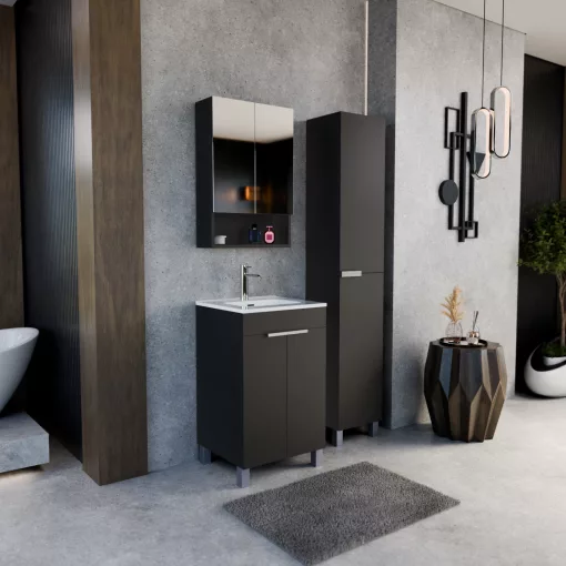 HD Monaco Matt Black 50 cm széles fürdőszobai tükrös szekrény, matt fekete színben