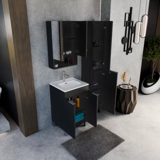 HD Monaco Matt Black 50 cm széles fürdőszobai tükrös szekrény, matt fekete színben