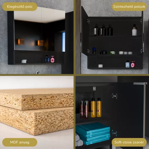 HD Monaco Matt Black 50 cm széles fürdőszobai tükrös szekrény, matt fekete színben