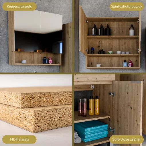 HD Monaco Oak 60 cm széles fürdőszobai tükrös szekrény, matt tölgy színben