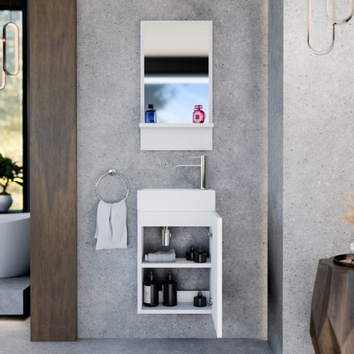 HD Nizza Matt White 40 cm széles fürdőszobai keretes tükör, fehér színű polccal