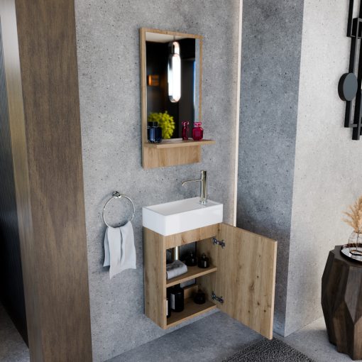 HD Nizza Oak 40 cm széles fürdőszobai keretes tükör, tölgyfa színű polccal