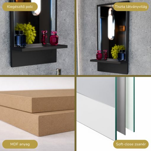 HD Nizza Matt Black 40 cm széles fürdőszobai keretes tükör, fekete színű polccal