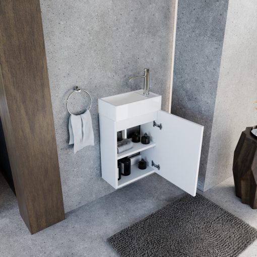 HD Lyon Matt White 40 fali mosdószekrény, matt fehér színben, fényes fehér kerámia mosdóval