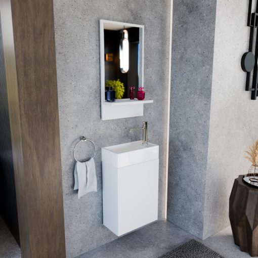 HD Lyon Matt White 40 fali mosdószekrény, matt fehér színben, fényes fehér kerámia mosdóval és polcos tükörrel