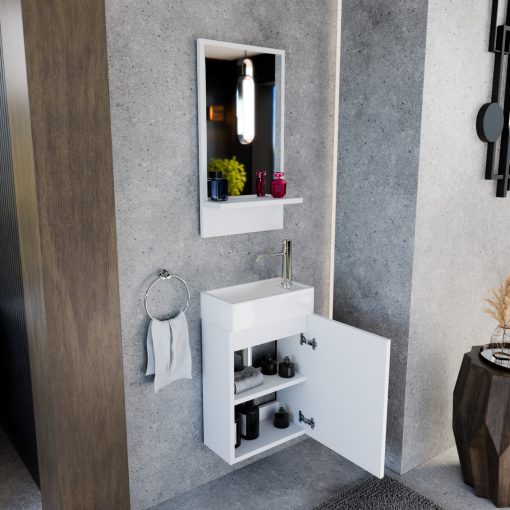 HD Lyon Matt White 40 fali mosdószekrény, matt fehér színben, fényes fehér kerámia mosdóval és polcos tükörrel