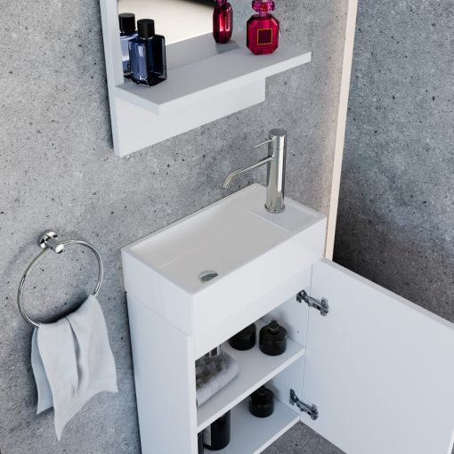 HD Lyon Matt White 40 fali mosdószekrény, matt fehér színben, fényes fehér kerámia mosdóval és polcos tükörrel