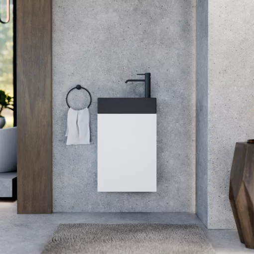 HD Lyon Matt White 40 fali mosdószekrény, matt fehér színben, matt fekete kerámia mosdóval