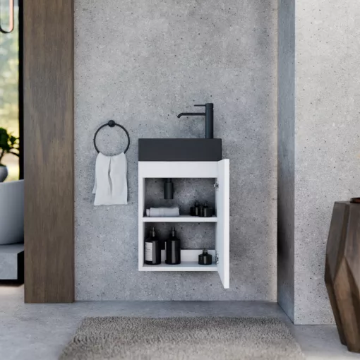 HD Lyon Matt White 40 fali mosdószekrény, matt fehér színben, matt fekete kerámia mosdóval