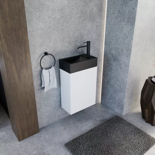 HD Lyon Matt White 40 fali mosdószekrény, matt fehér színben, matt fekete kerámia mosdóval