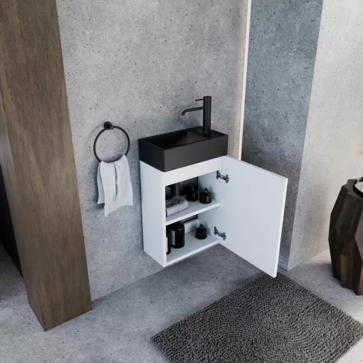 HD Lyon Matt White 40 fali mosdószekrény, matt fehér színben, matt fekete kerámia mosdóval