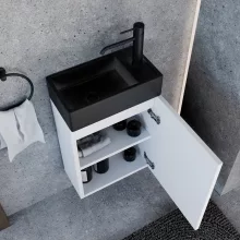 HD Lyon Matt White 40 fali mosdószekrény, matt fehér színben, matt fekete kerámia mosdóval