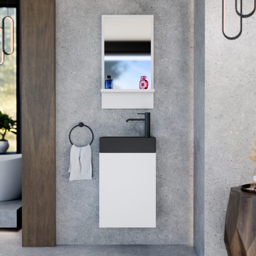 HD Lyon Matt White 40 fali mosdószekrény, matt fehér színben, matt fekete kerámia mosdóval és polcos tükörrel