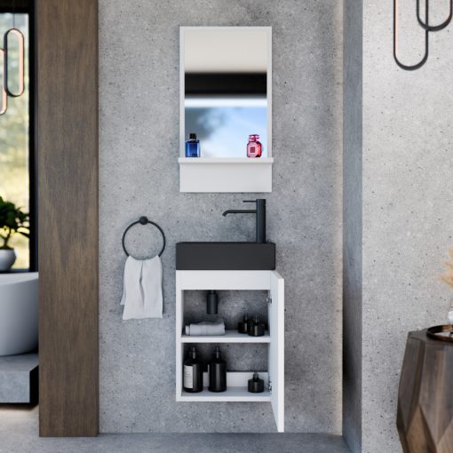 HD Lyon Matt White 40 fali mosdószekrény, matt fehér színben, matt fekete kerámia mosdóval és polcos tükörrel