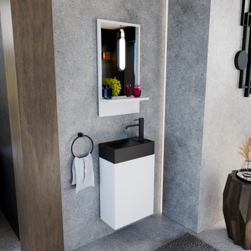 HD Lyon Matt White 40 fali mosdószekrény, matt fehér színben, matt fekete kerámia mosdóval és polcos tükörrel