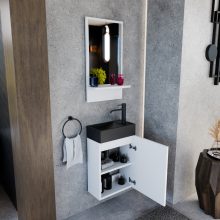 HD Lyon Matt White 40 fali mosdószekrény, matt fehér színben, matt fekete kerámia mosdóval és polcos tükörrel