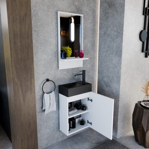 HD Lyon Matt White 40 fali mosdószekrény, matt fehér színben, matt fekete kerámia mosdóval és polcos tükörrel