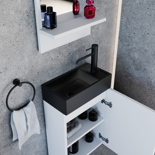 HD Lyon Matt White 40 fali mosdószekrény, matt fehér színben, matt fekete kerámia mosdóval és polcos tükörrel