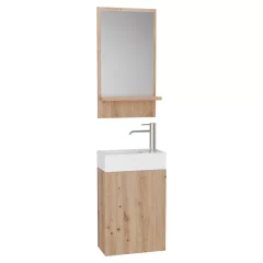   HD Lyon Oak 40 fali mosdószekrény, tölgyfa színben, fényes fehér kerámia mosdóval és polcos tükörrel