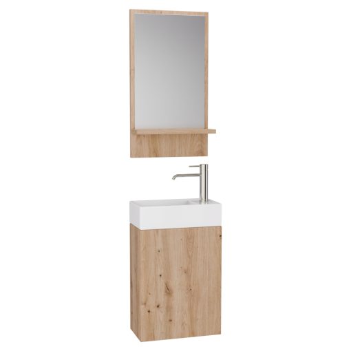 HD Lyon Oak 40 fali mosdószekrény, tölgyfa színben, fényes fehér kerámia mosdóval és polcos tükörrel