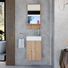 HD Lyon Oak 40 fali mosdószekrény, tölgyfa színben, fényes fehér kerámia mosdóval és polcos tükörrel